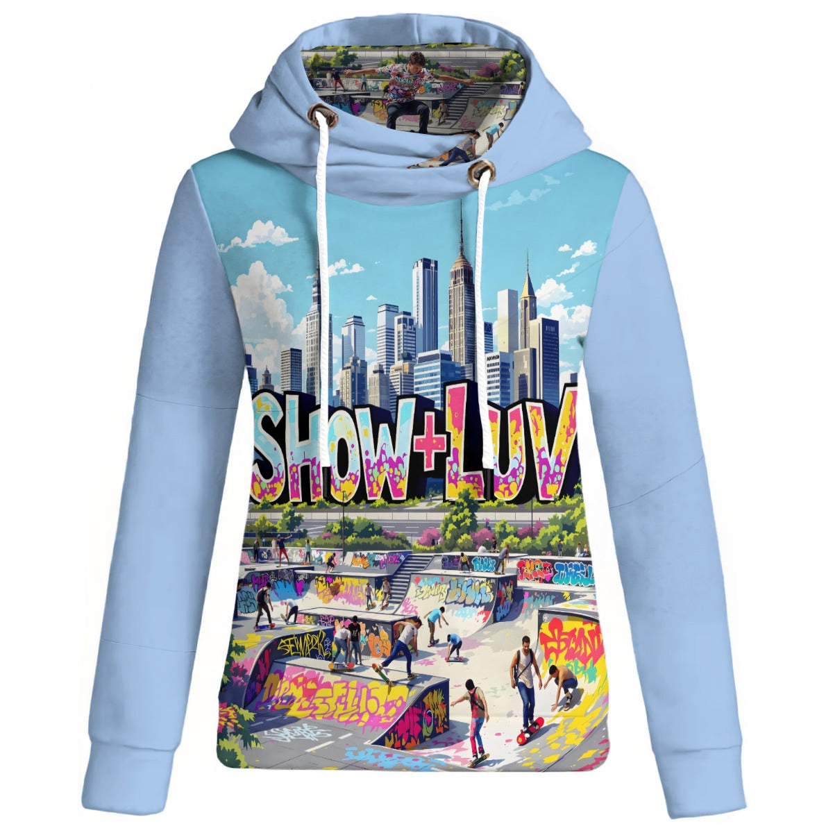 Hoodie with colorful cityscape and 'SHOW+LUV' text design on a white background