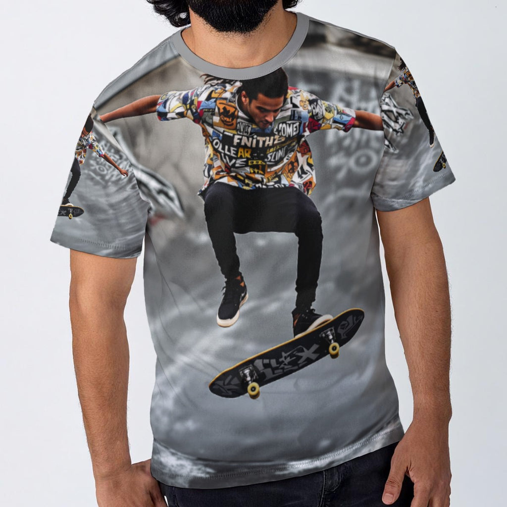 T-shirt with a graphic of a person on a skateboard on a gray background