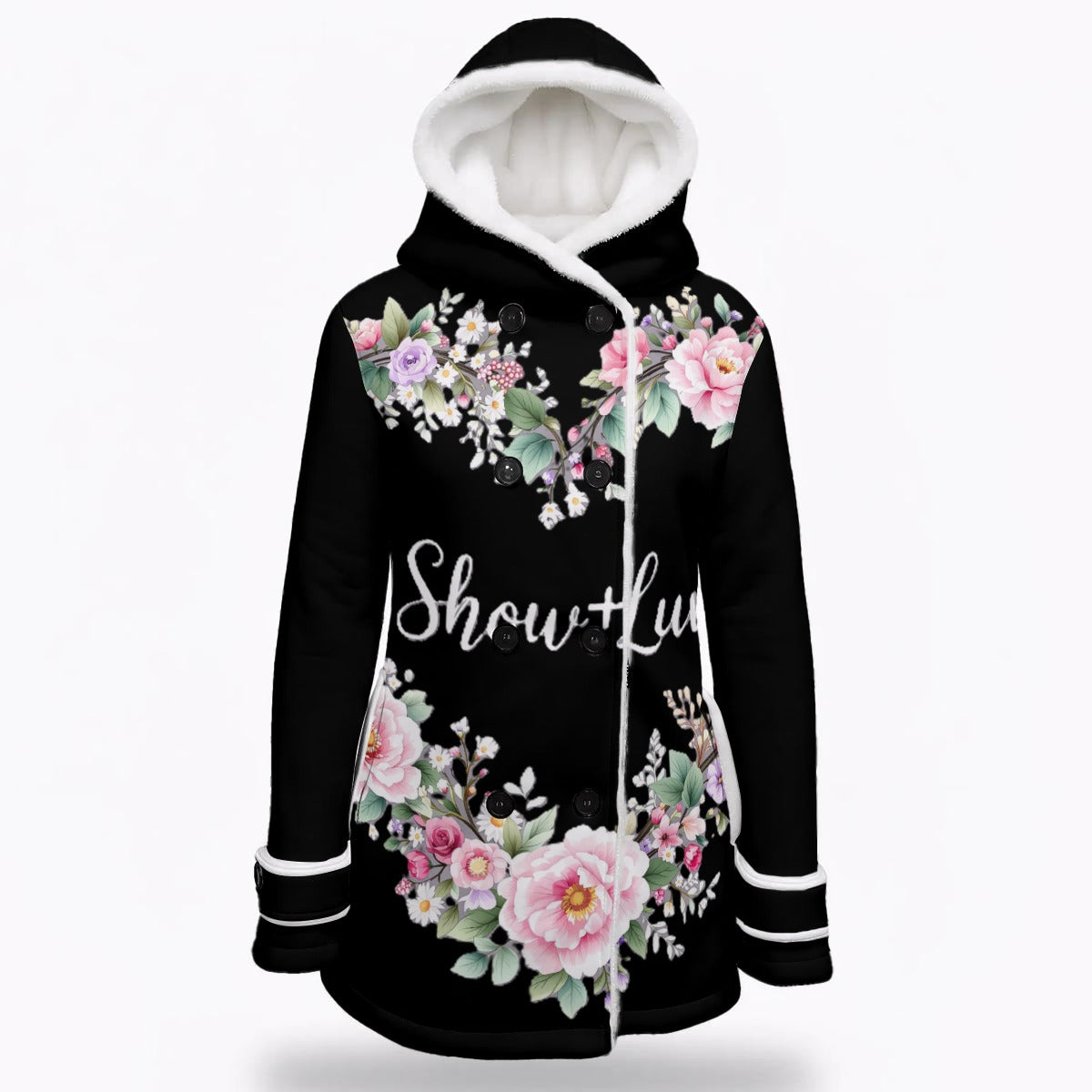 S+L "Floral Wreath" Women's Hooded Double-Breasted Winter Coat With Fleece