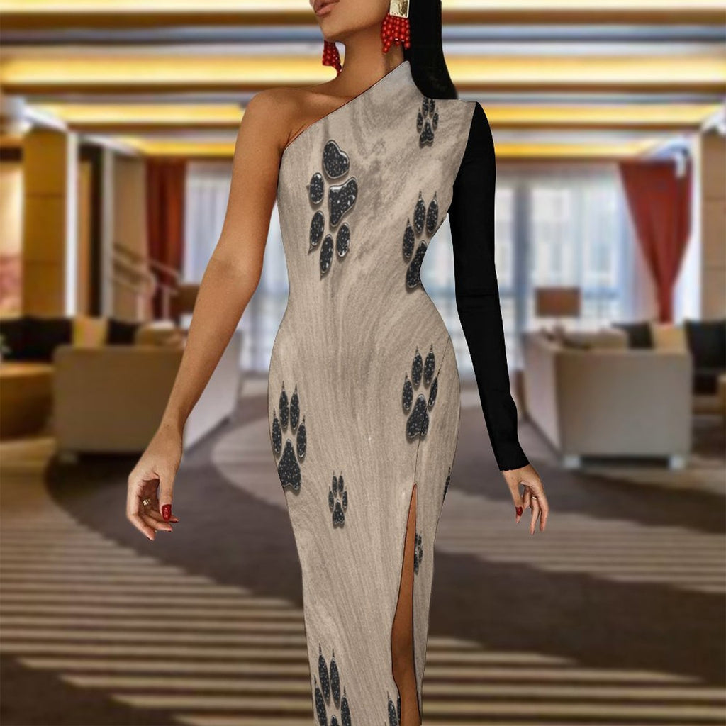S+L "Cheetah Paws" One Shoulder Split Dress BIQ
