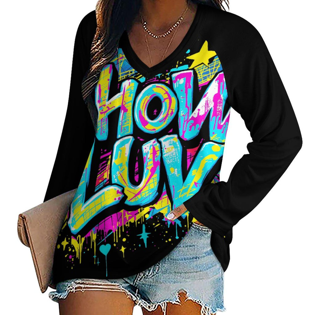 S+L Paint Splatter V-neck Loose Long Sleeve T-shirt TLREV2