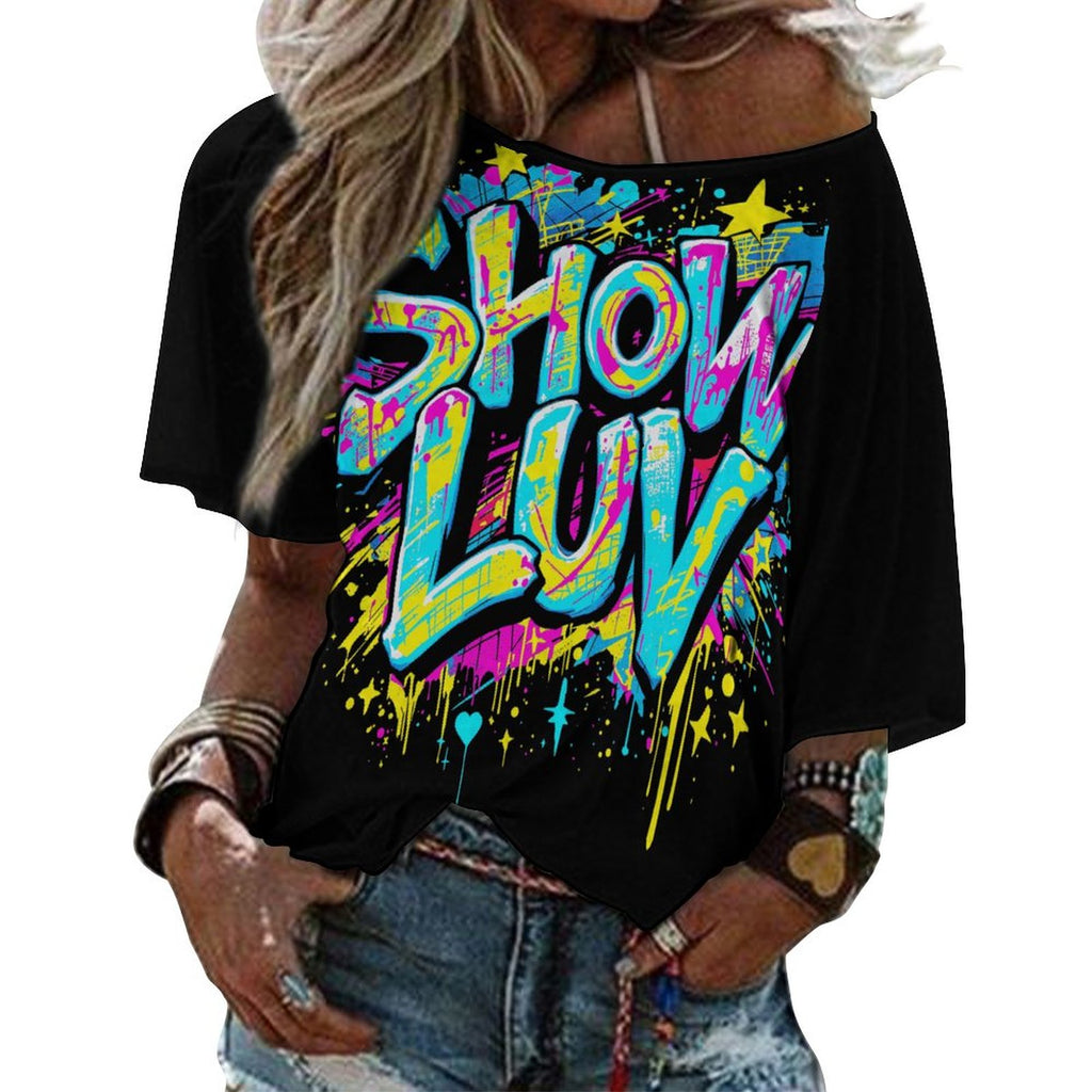S+L Paint Splatter Women’s Off the Shoulder Half-Sleeve T-shirt BAT
