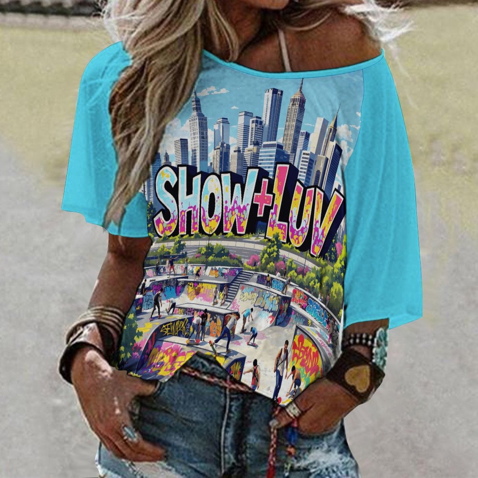 S+L Skate Park Women’s Off the Shoulder Half-Sleeve T-shirt BAT