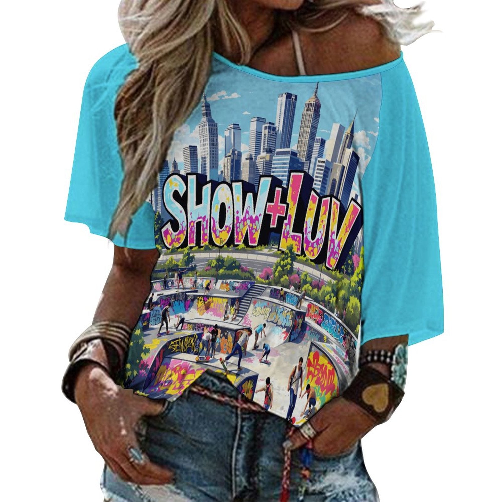 S+L Skate Park Women’s Off the Shoulder Half-Sleeve T-shirt BAT