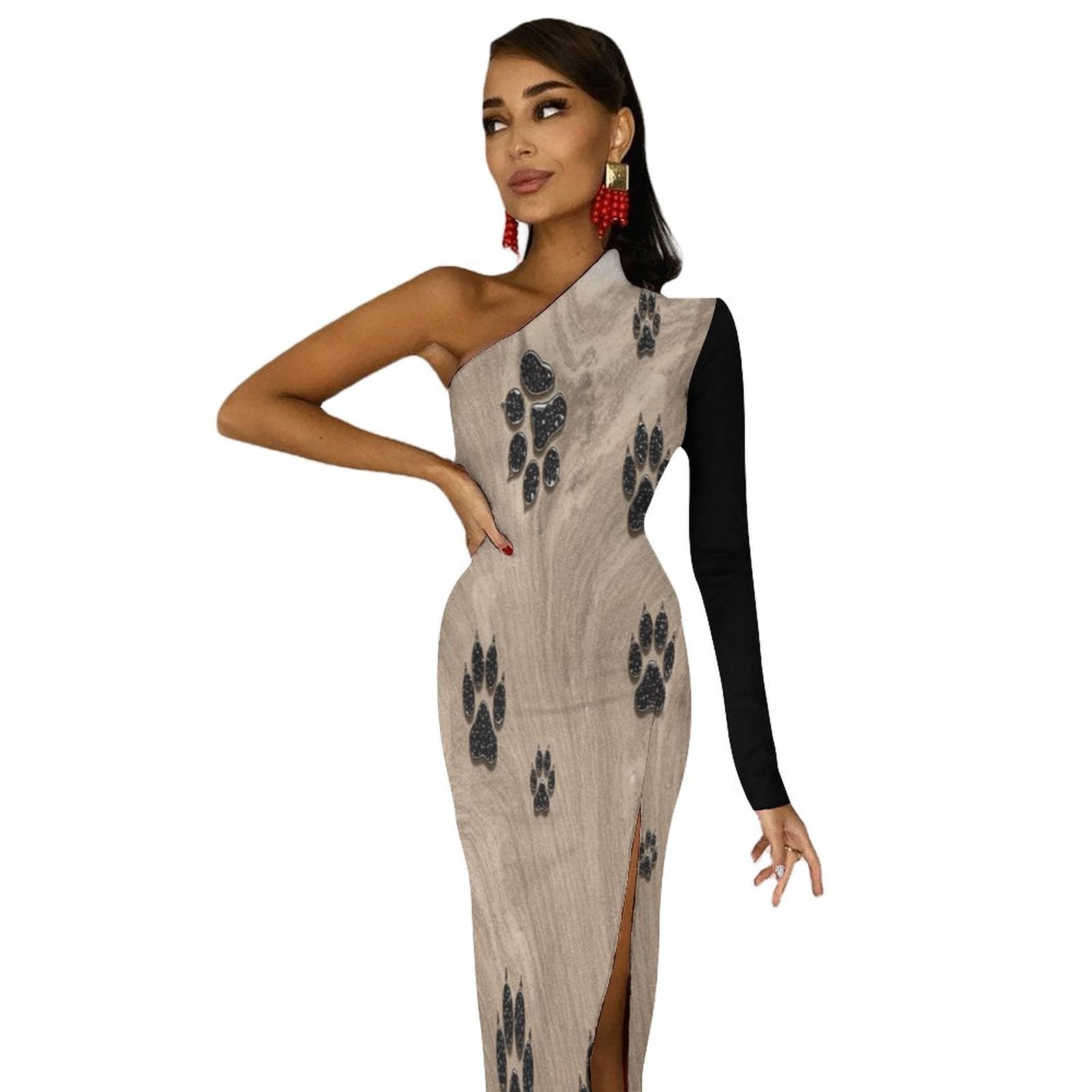 S+L "Cheetah Paws" One Shoulder Split Dress BIQ